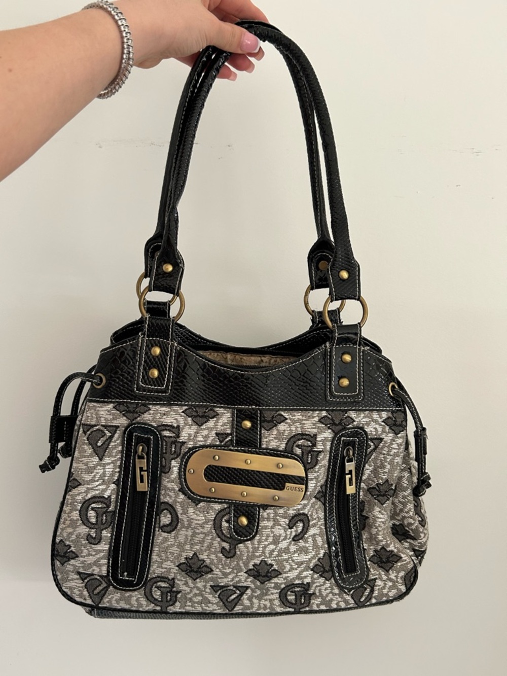 GUESS Black and Gray Logo Satchel with Gold Plate